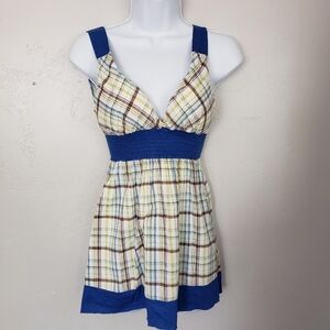Papaya Small Tank Top Tunic Sleeveless Blouse Blue Brown Plaid V-neck Y2K Smock